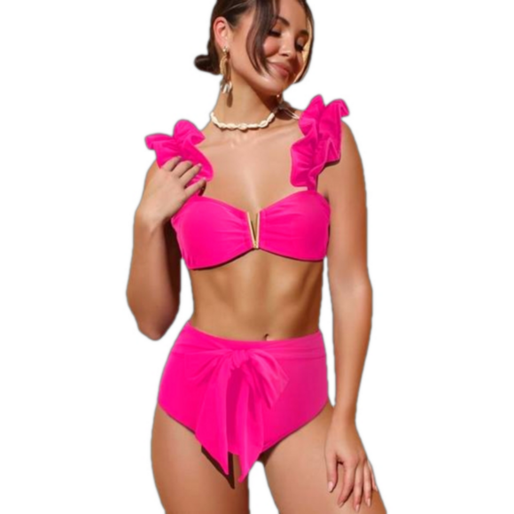 SPORLIKE Hot Pink Tie High Waisted Swimsuit Flounce Straps Bikini Bathing Suit M - Picture 1 of 6